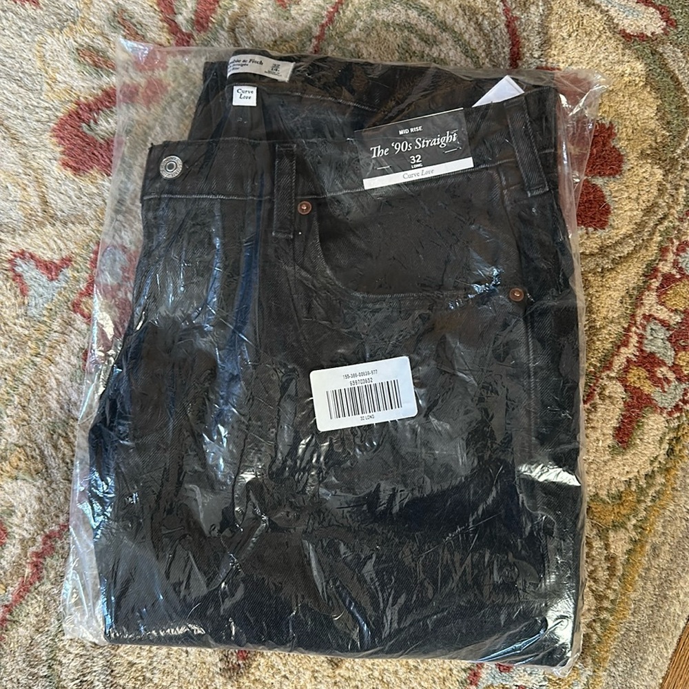 Abercrombie Womens Jeans 32L Black Denim Pant 90s Straight Mid Rise Curve Love - Picture 5 of 5